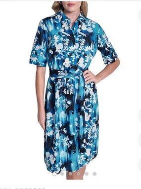 Calvin Klein Floral Blue Button-Front Shirt Dress with Tie Waist